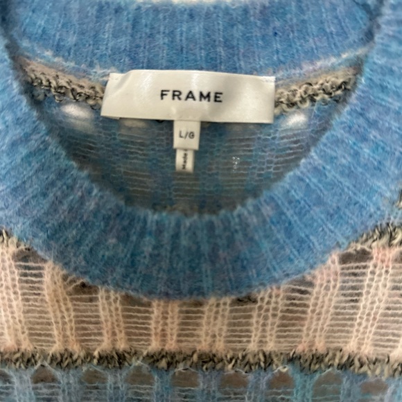 Frame Denim Blue and Cream Crew Neck Sweater with Lacy Knit - Picture 3 of 5
